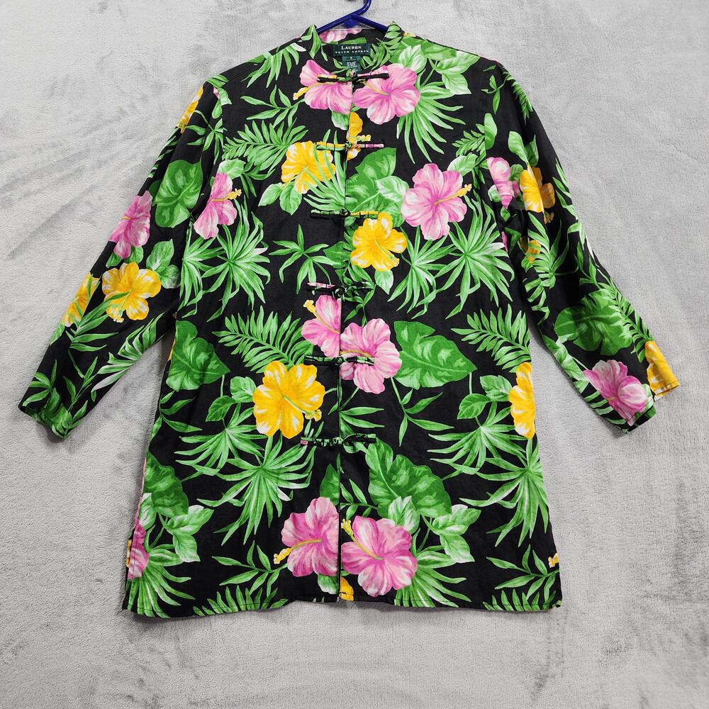 Lauren Ralph Lauren Jacket Womens S Black Green Pink Floral Linen Toggle Casual